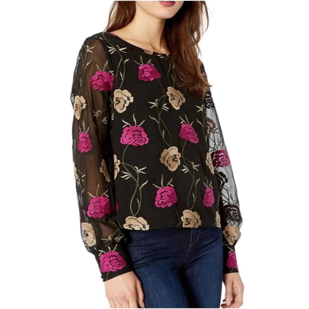 cupcakes & cashmere Sheer Black Blouse with Pink & Cream Floral Embroidery L